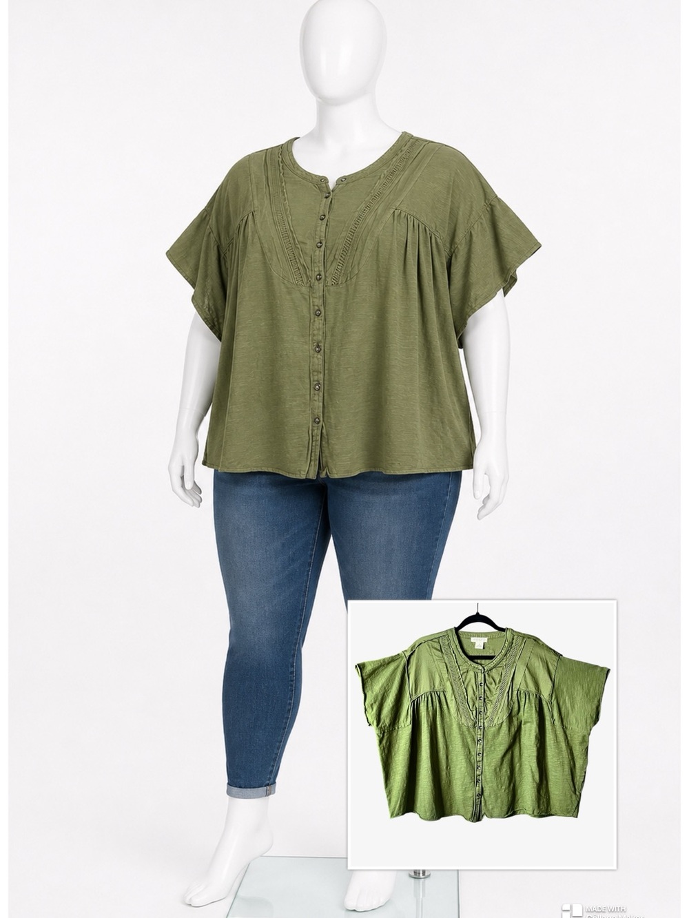 Torrid FESTI Olive Green Cotton Boho Peasant Reglan Button-Up Top Size 0